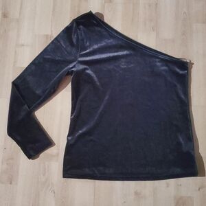 Old Navy Womens Long Sleeve One Shoulder Dark Shimmer Grey Velour Like Top